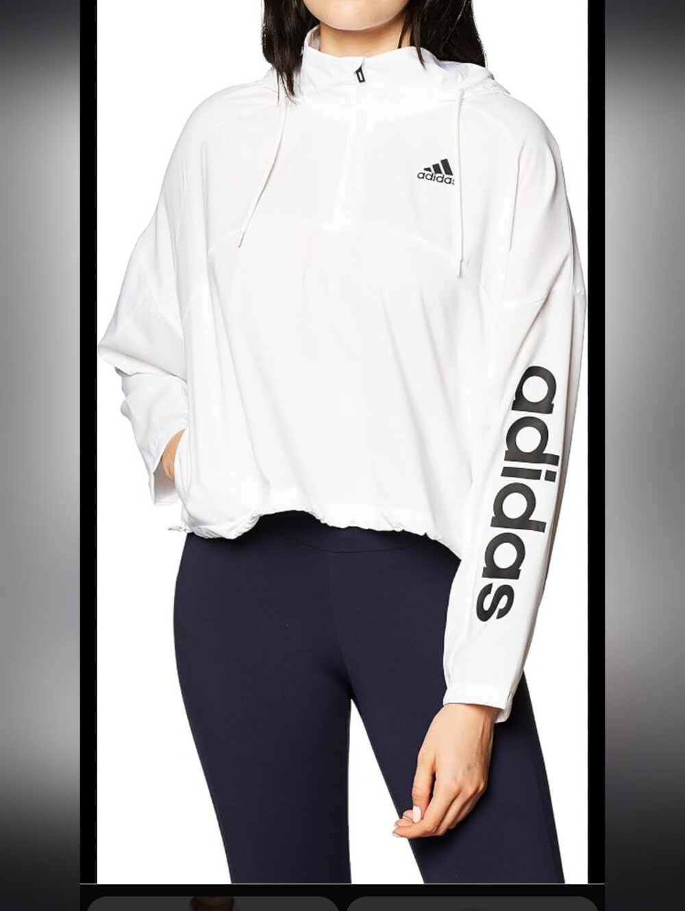 adidas White Crop Hoodie with Logo Sleeve